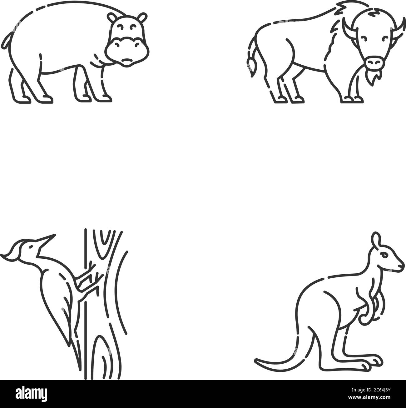 Various animals pixel perfect linear icons set. Customizable thin line contour symbols. Hippopotamus, woodpecker, american bison and kangaroo. Isolate Stock Vector