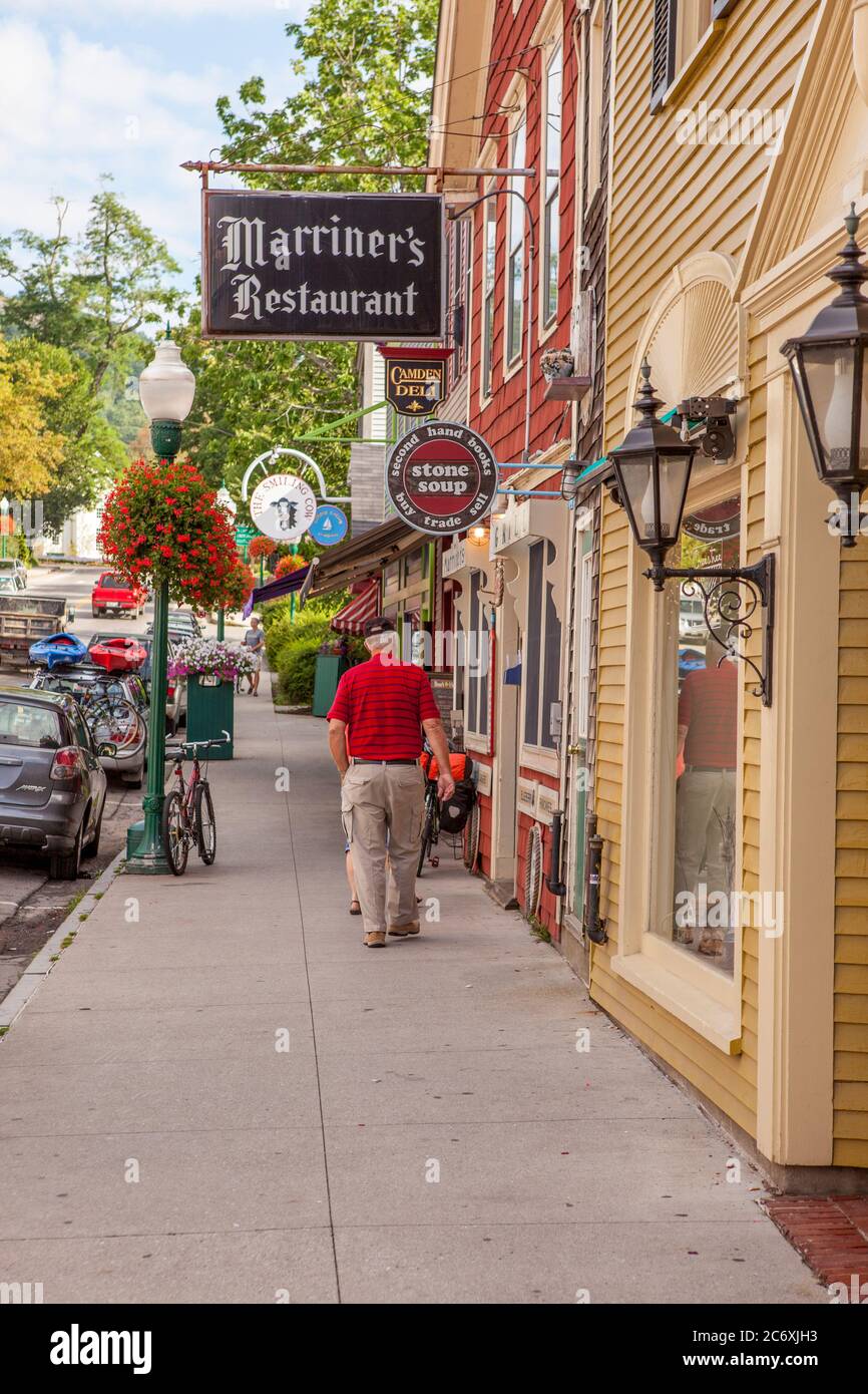 Shops along the main street in Camden, Maine Stock Photo
