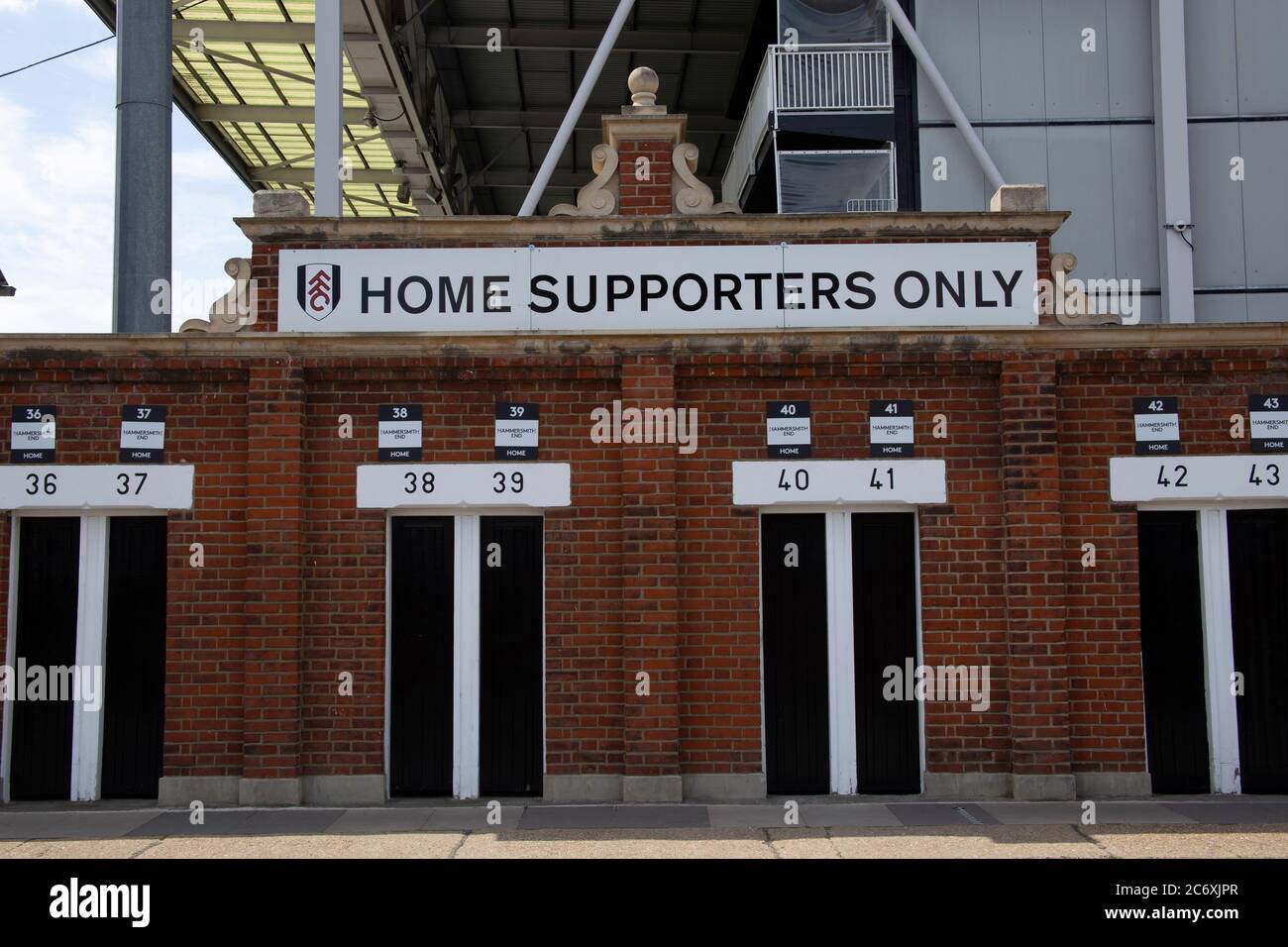 Craven Cottage football ground, home supporters entrance, Fulham, West London UK Stock Photo
