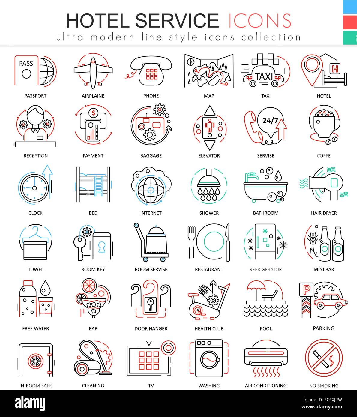 Vector Hotel service color line outline icons for apps and web design. Hotel service icons Stock Vector
