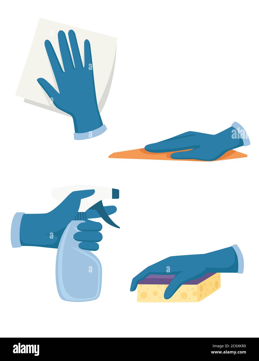 Set of hand in gloves use cleaning tools spray bottle foam rubber sponge and washcloth flat vector illustration isolated on white background Stock Vector