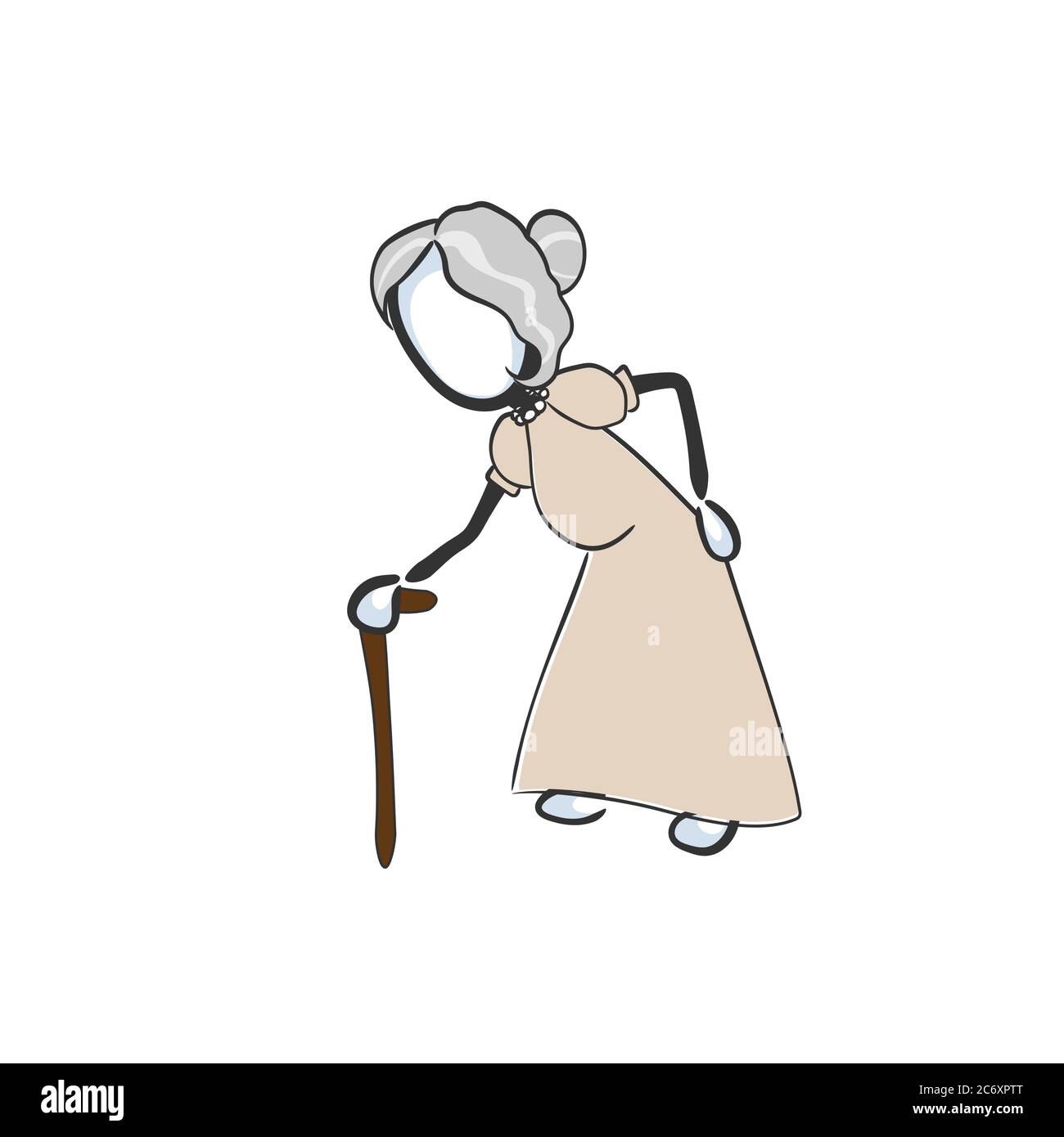 Old lady with stuff walking. Vector simple aged grandmother. Stickman no face clipart cartoon. Hand drawn. Doodle sketch, graphic illustration Stock Vector