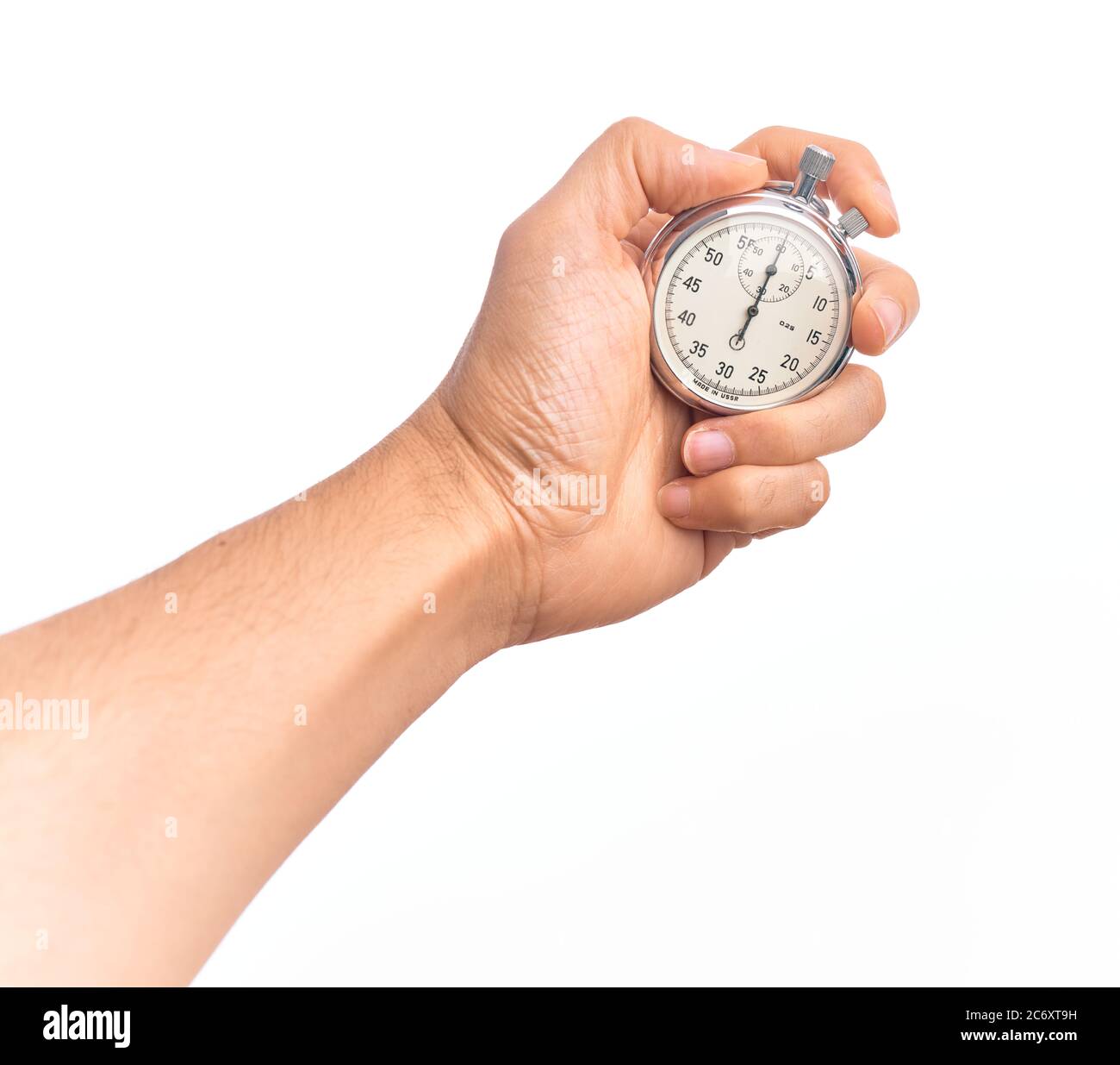 Hand of caucasian young man doing countdown holding stopwatch over ...
