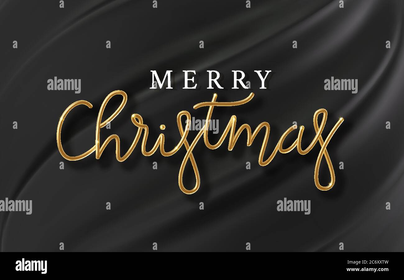 3D Realistic golden inscription Merry Christmas on a black silk ...