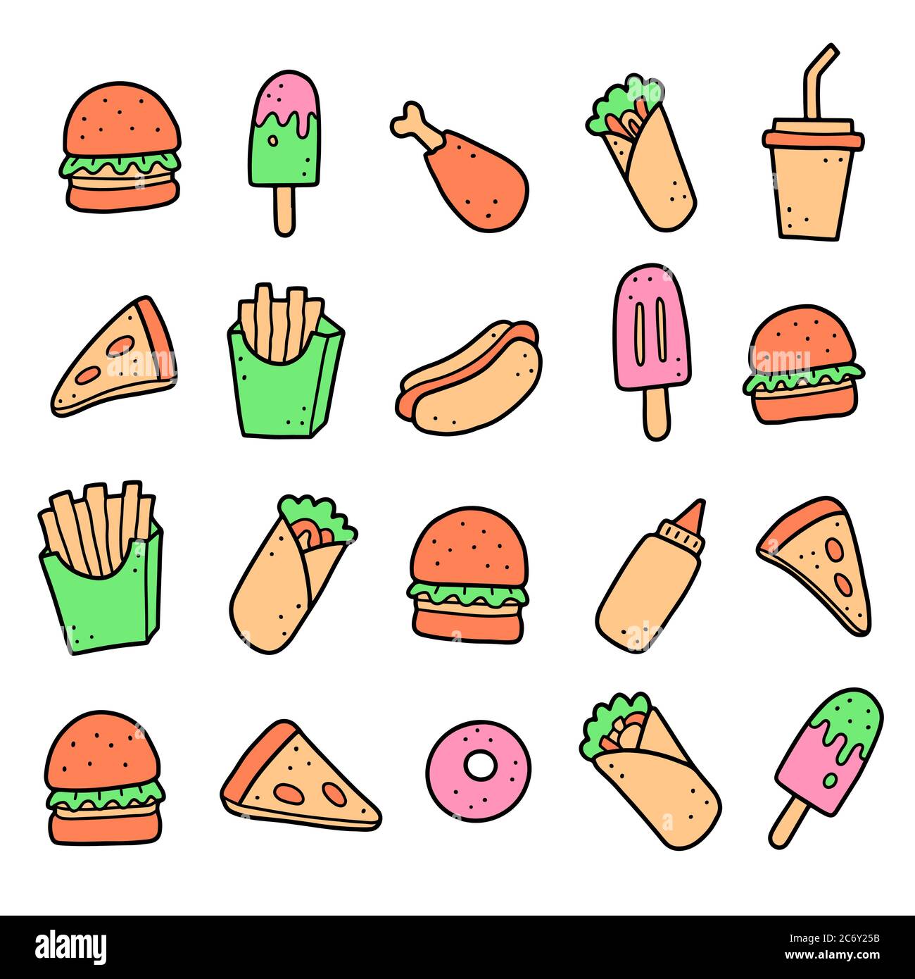 Hand drawn set of fast food elements, burger, pizza, sandwich ...