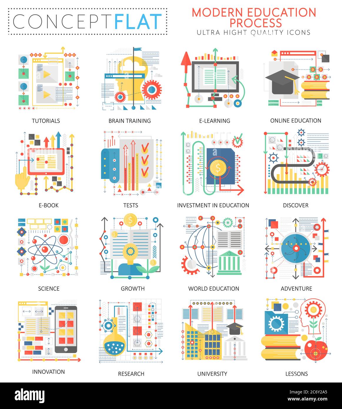 Infographics mini concept E-learning Modern education process, computer protection icons for web. Premium quality color conceptual flat icons elements. Modern education technology concepts Stock Vector