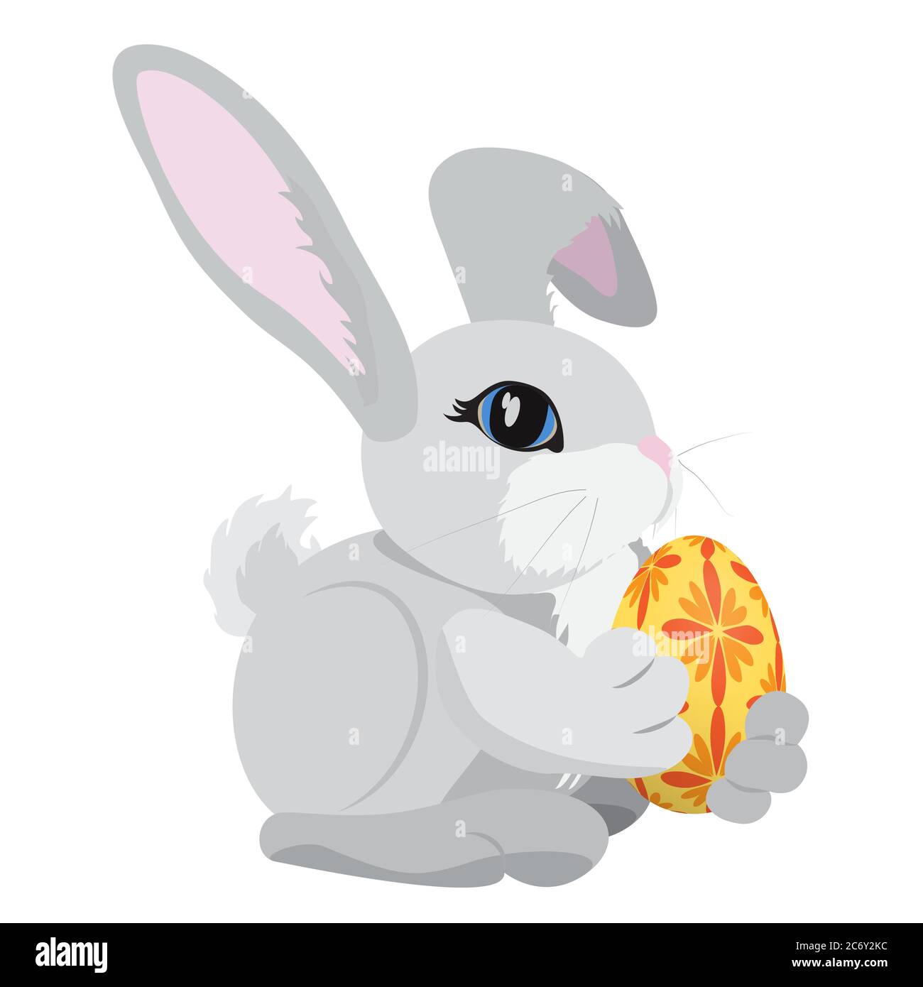 The gray rabbit holding a yellow and red colored Easter egg isolated on white Stock Vector