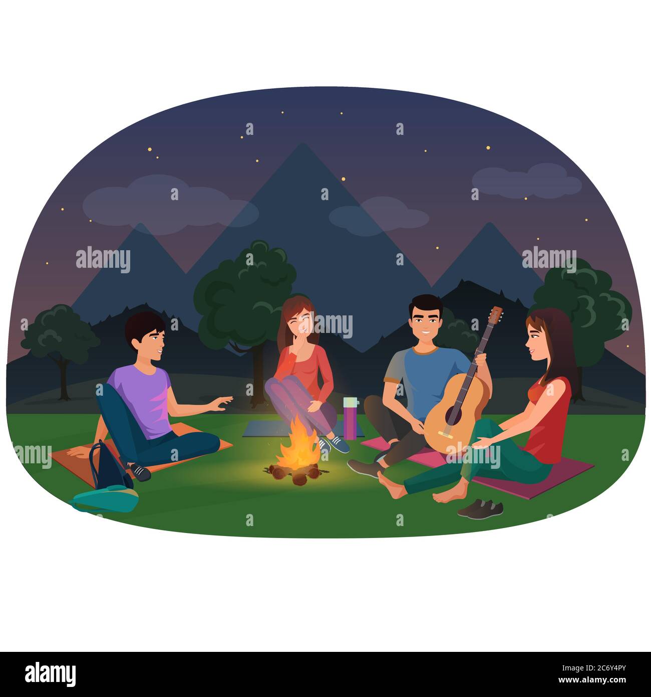 A group of friends sitting at the campfire in the night in mountains vector illustration. Camping picnic people Stock Vector