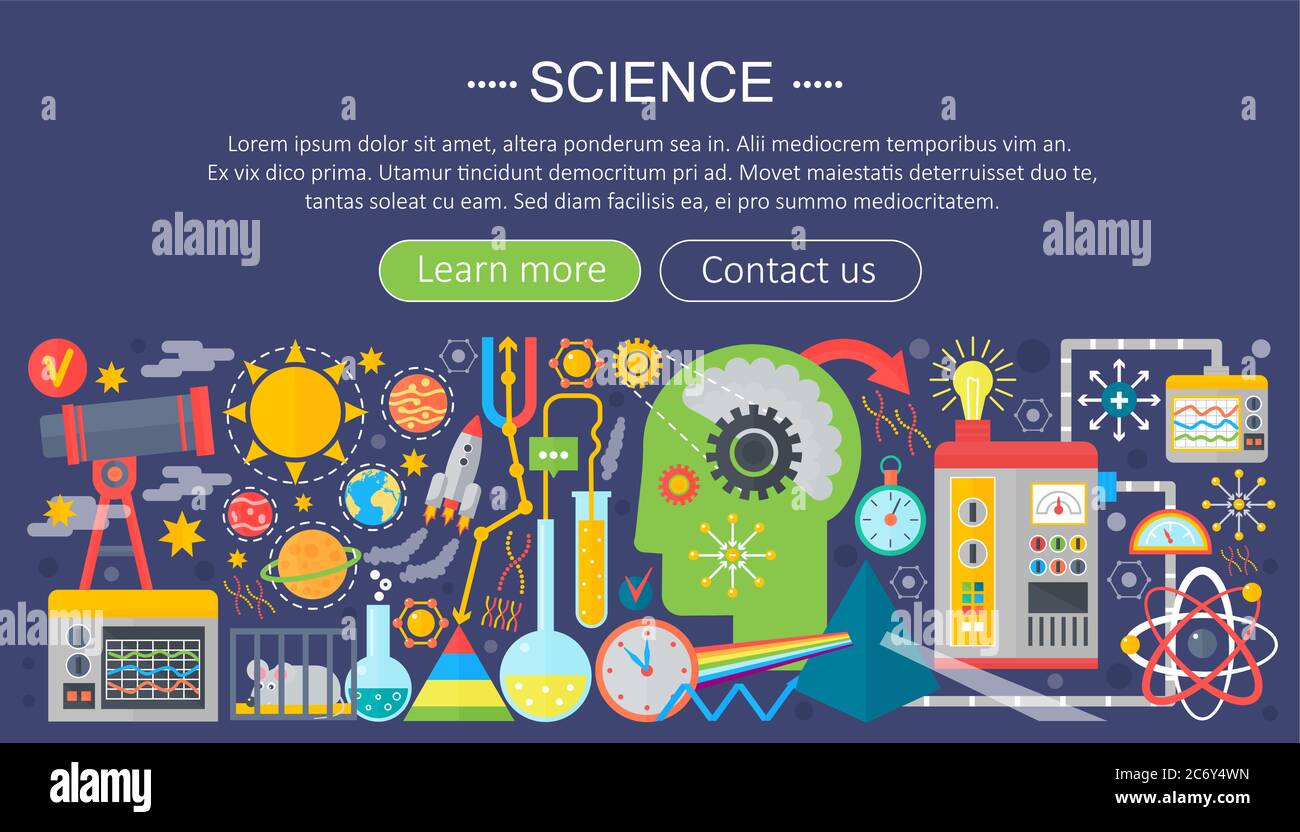 Flat design concept of science. Horizontal banner with scientist workplaces. Scientific research experiment infographics template design, web header icons elements.Vector illustration Stock Vector