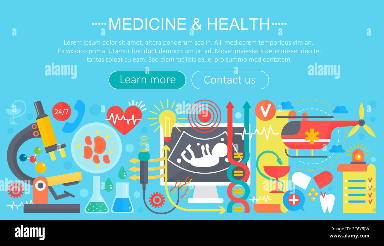 Medicine and health design concept set with healthcare devices infographics template design, web header elements, poster banner. Vector illustration Stock Vector