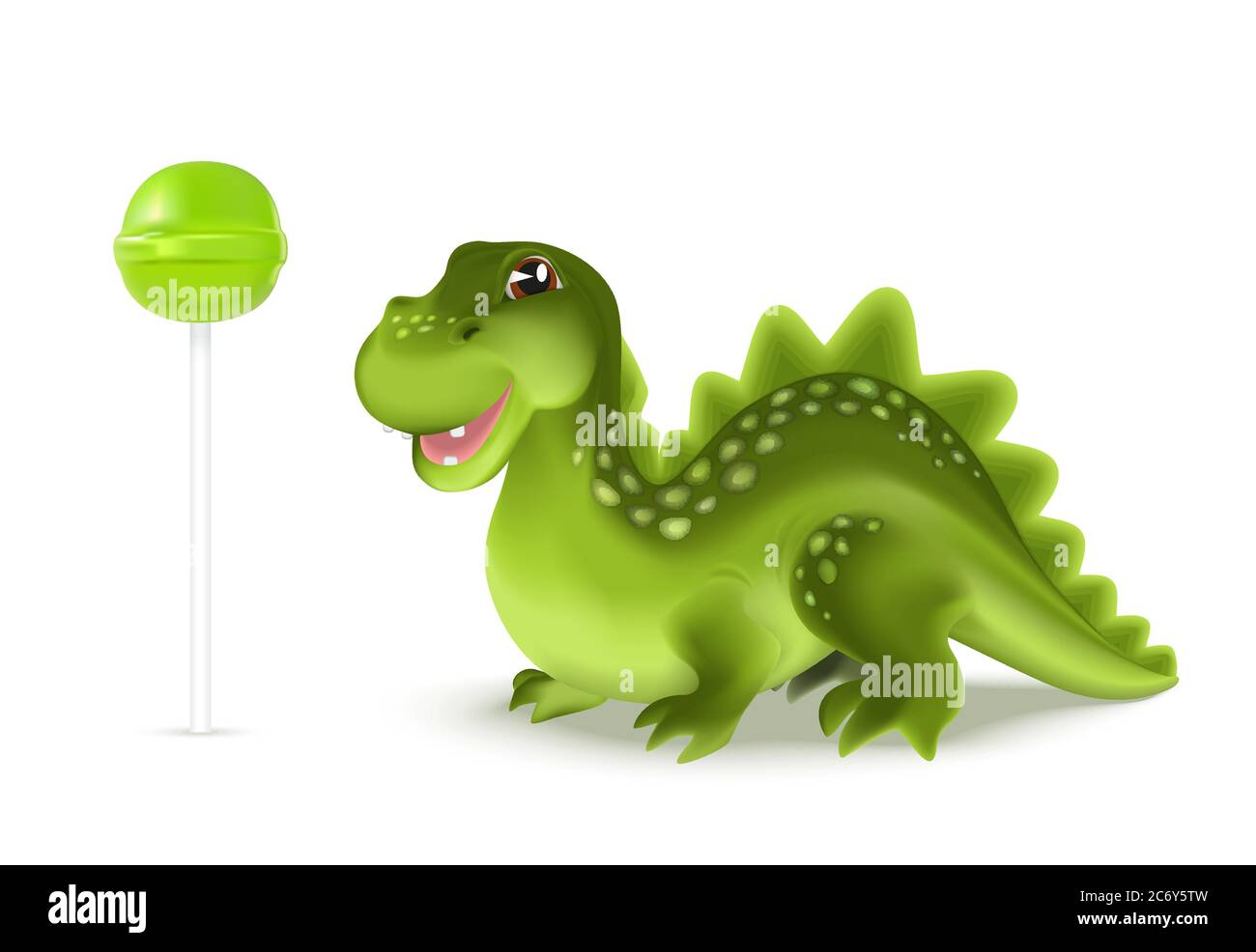 Cute cartoon dinosaur dragon character with green lollypop. Vector illustration Stock Vector
