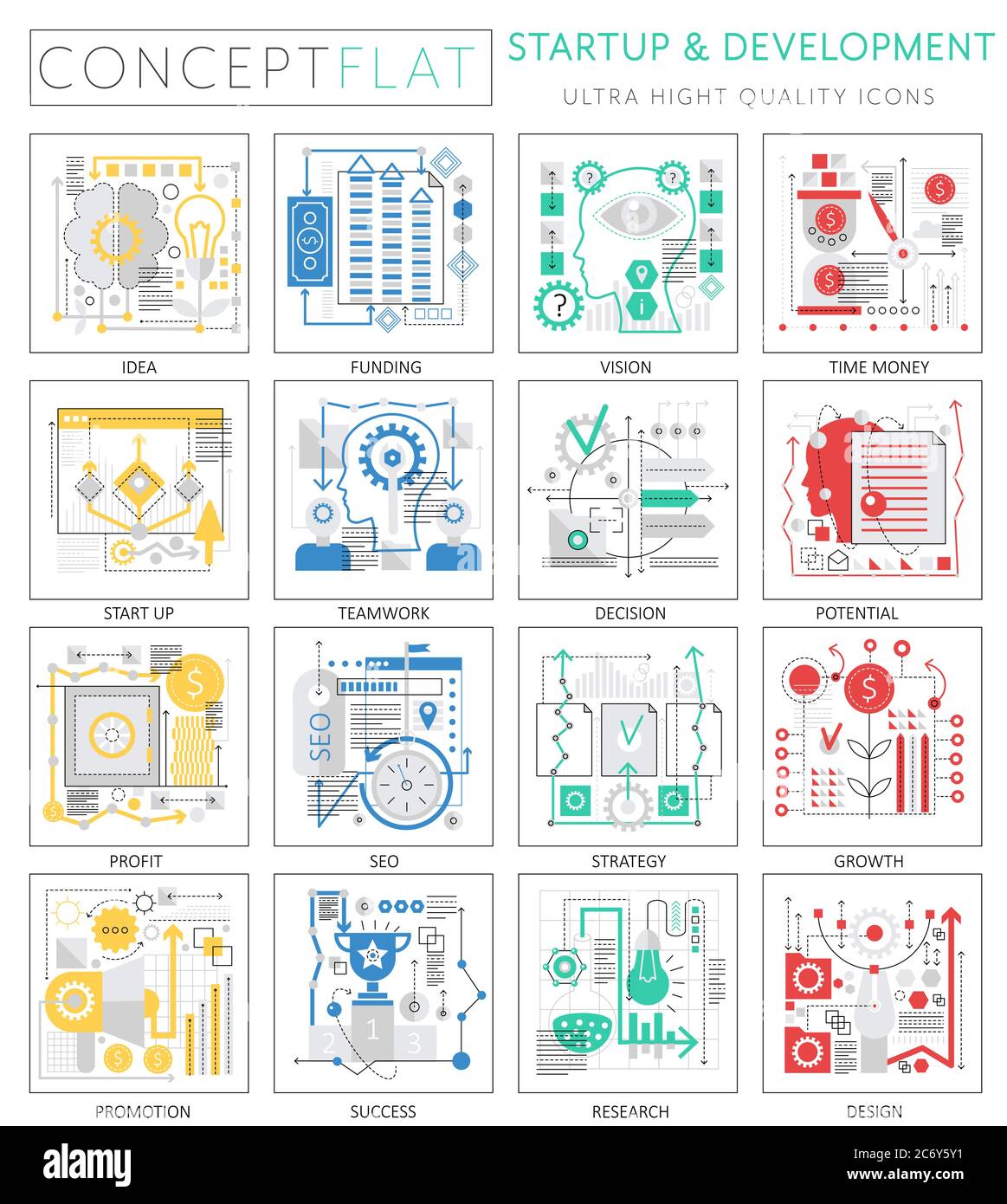 Infographics mini concept startup and development icons for web ...
