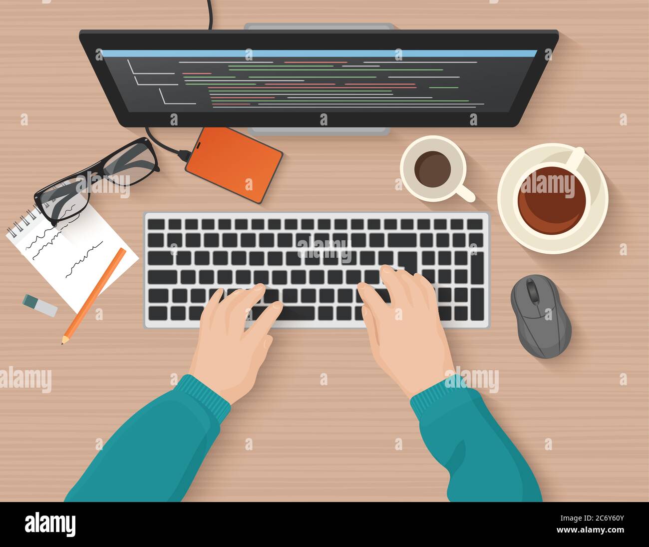 Developer working at computer. Programmer hands coding. Programming flat illustration concept. Vector top view Stock Vector