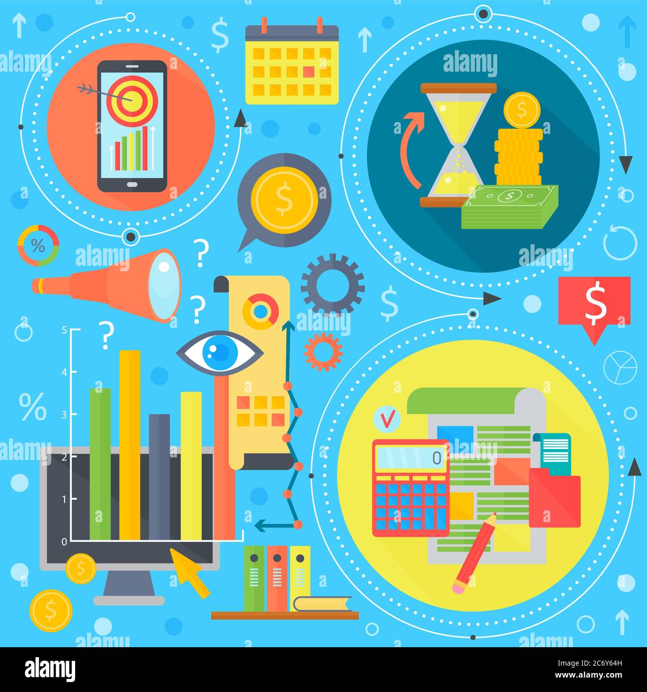 Business and finance flat concept. Business infographics template icons in circles design, web elements, poster banners, Vector illustration Stock Vector