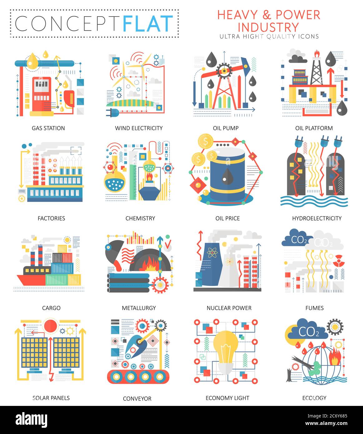Infographics mini concept Heavy and power industry, computer protection icons for web. Premium quality color conceptual flat icons elements. Heavy power industry technology concepts Stock Vector