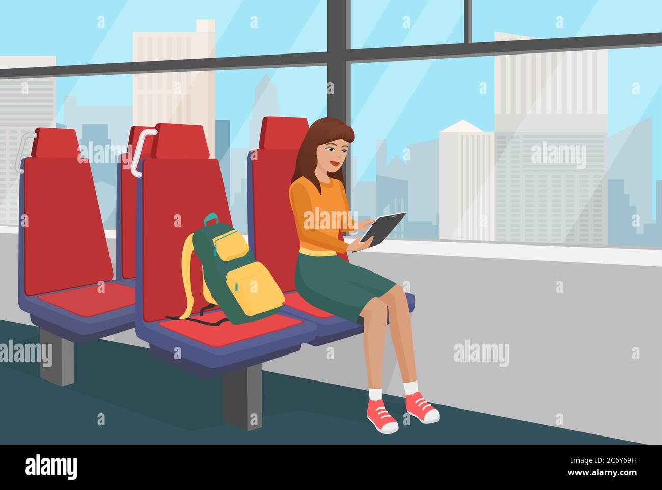 Young woman with backpack browsing tablet in the public vehicle or train vector illustration Stock Vector