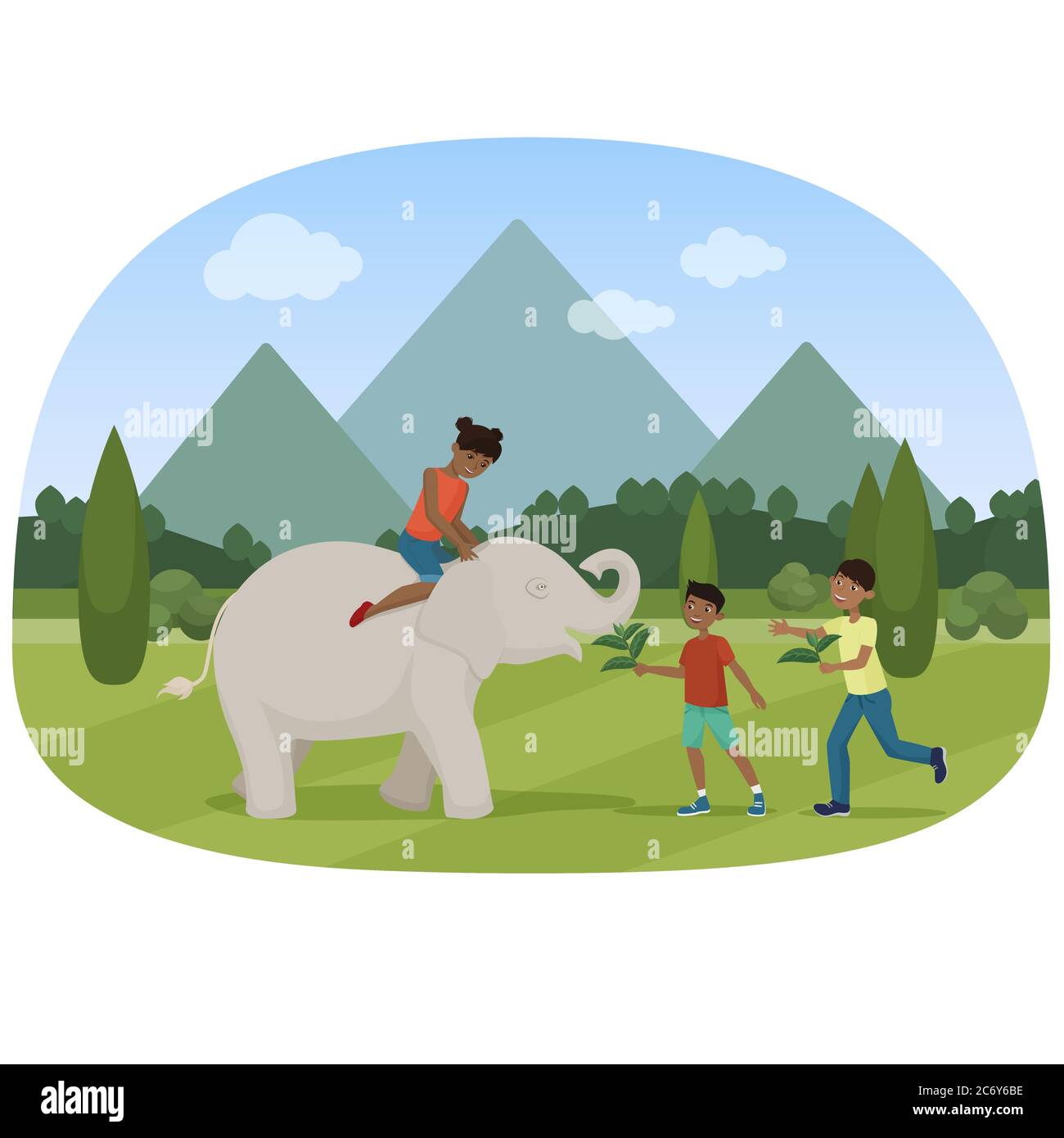 Vector illustration of the little children feeding and riding the elephant  Stock Vector Image & Art - Alamy