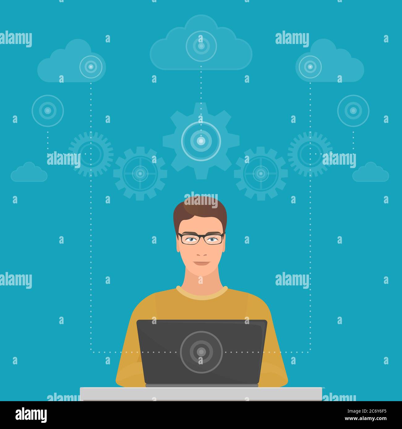 Man big data software engineer programmer with laptop concept with cloud data optimization solutions Stock Vector
