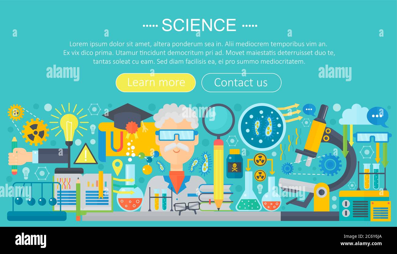 Flat design concept of science. Horizontal banner with scientist In Science Fair Banner Template