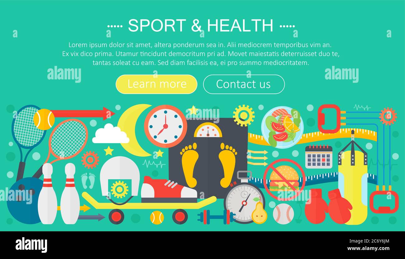 Healthy lifestyle concept with food and sport icons. Sport and fitness flat concept infographics