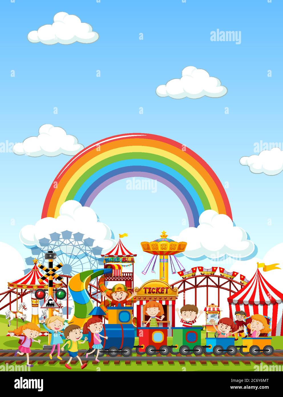 Amusement park scene at daytime with rainbow in the sky illustration ...