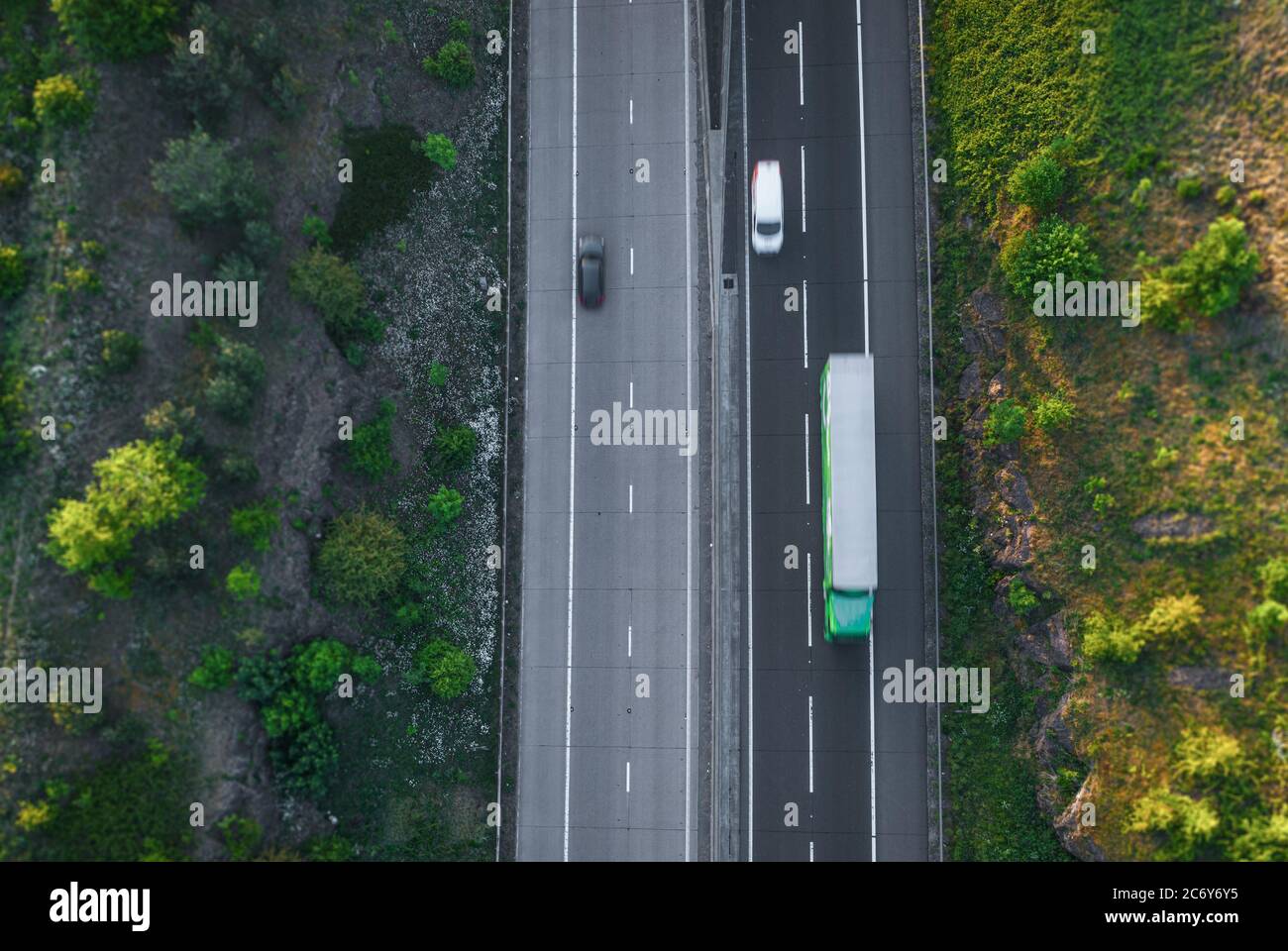 Top down drone shoot over dual lane motorway in United Kingdom Stock Photo