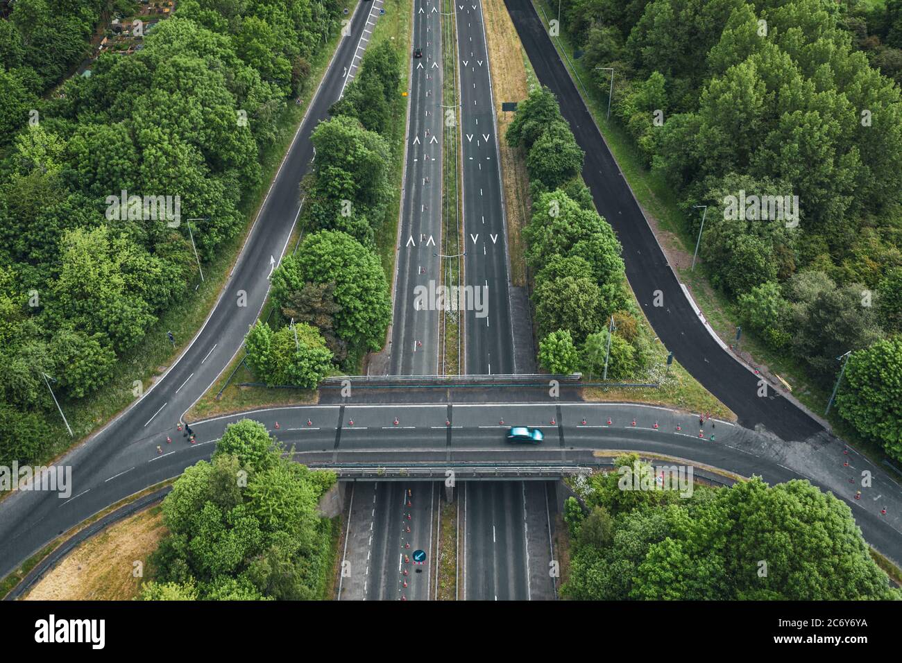 High altitude drone shoot over elevated motorway crossing section in ...