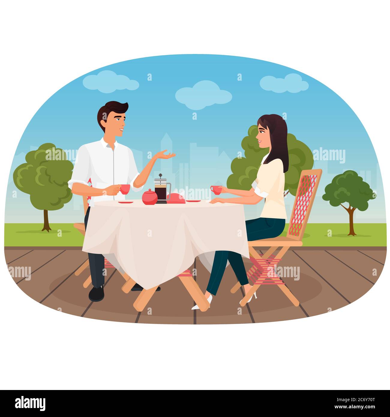 A couple sitting in the cafe outside having a coffee and talking vector illustration Stock Vector