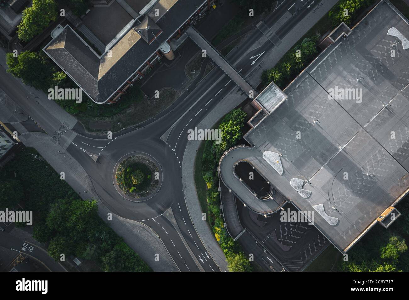 Top down drone shoot over deserted city streets during lockdown in United Kingdom Stock Photo