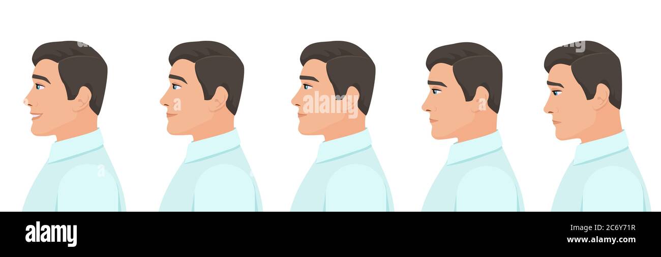 Male profile avatar expressions set. Man facial profile emotions from sadness to happiness Stock Vector