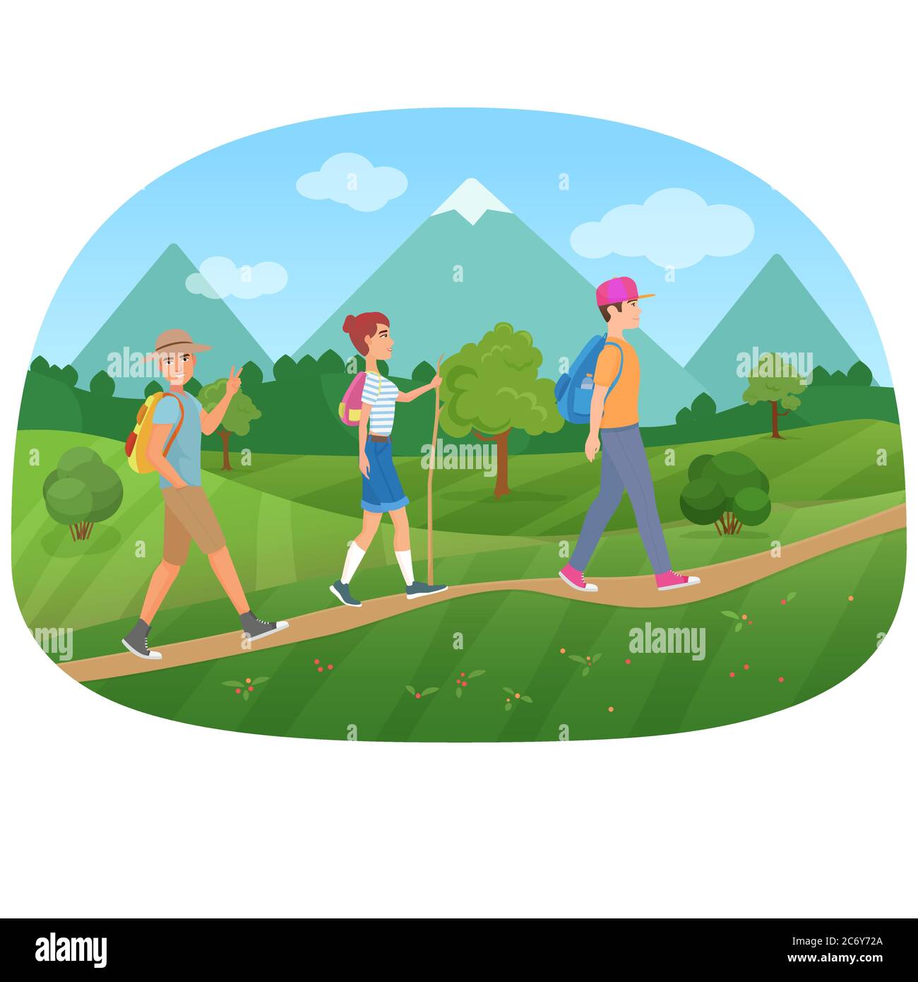 Cheerful group of tourists walking on the road near the mountains vector illustration Stock Vector