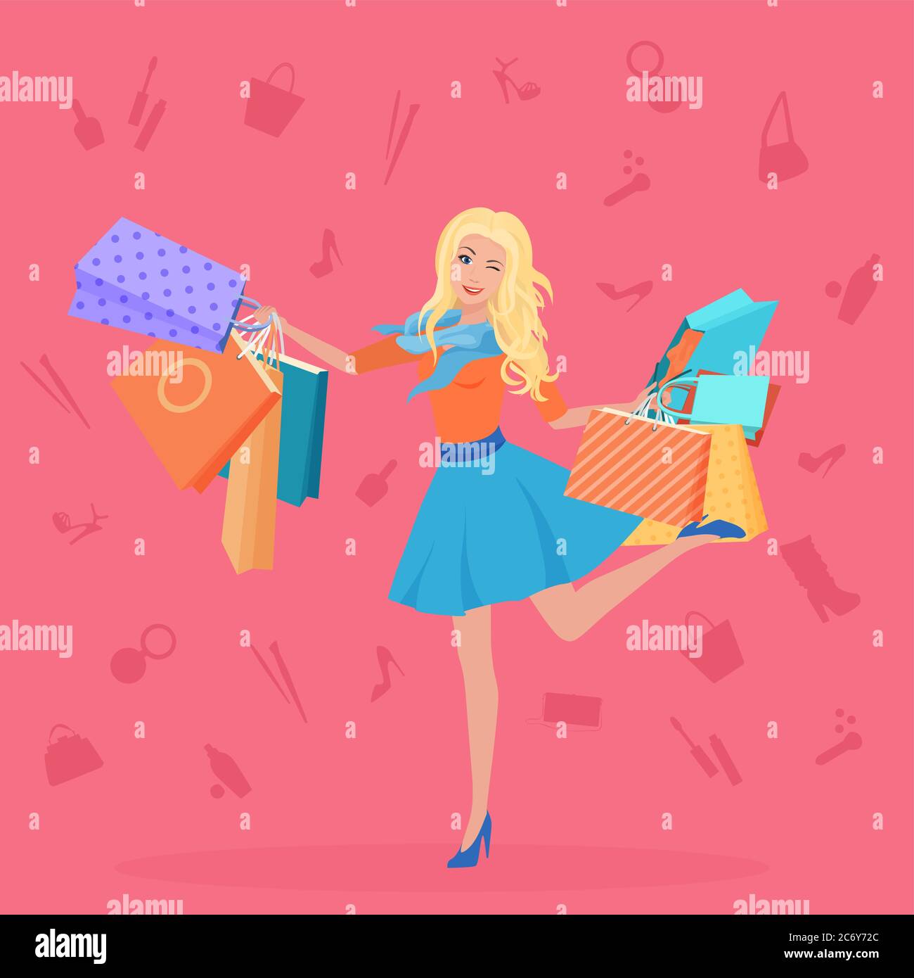 Pretty young blond with the shopping bags vector illustration. Shopping icons backgrouns Stock Vector