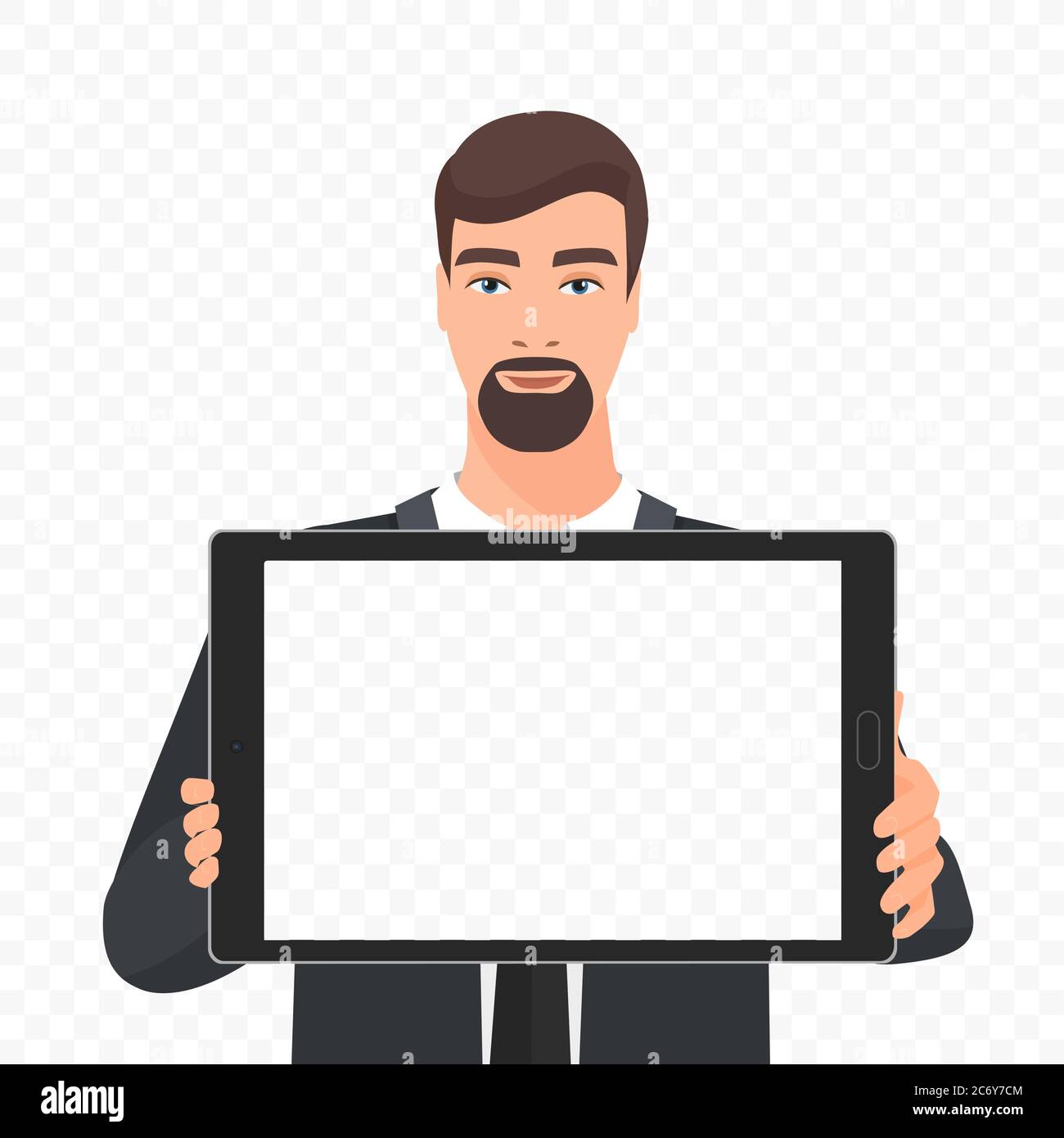Bearded businessman showing the empty tablet pc screen vector illustration. Tablet alpha transperant background Stock Vector