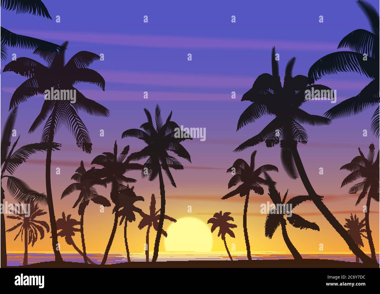 Palm coconut trees Silhouette at sunset or sunrise. Realistic vector illustration. Earth paradise on the beach Stock Vector