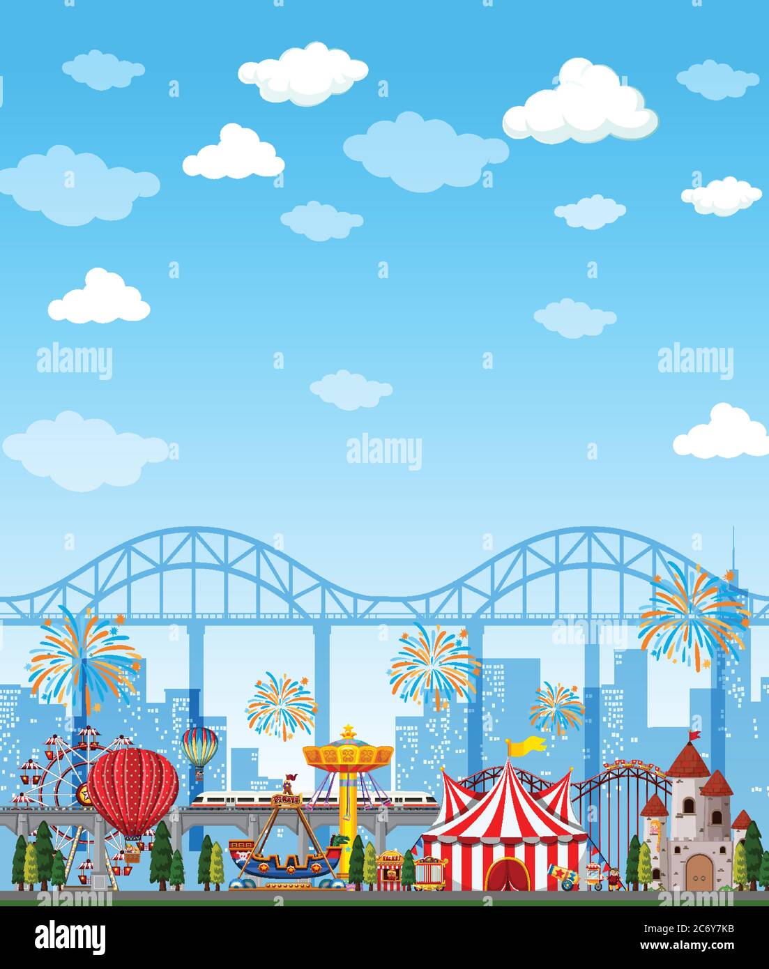 Amusement park scene at daytime with bright blue sky illustration Stock ...