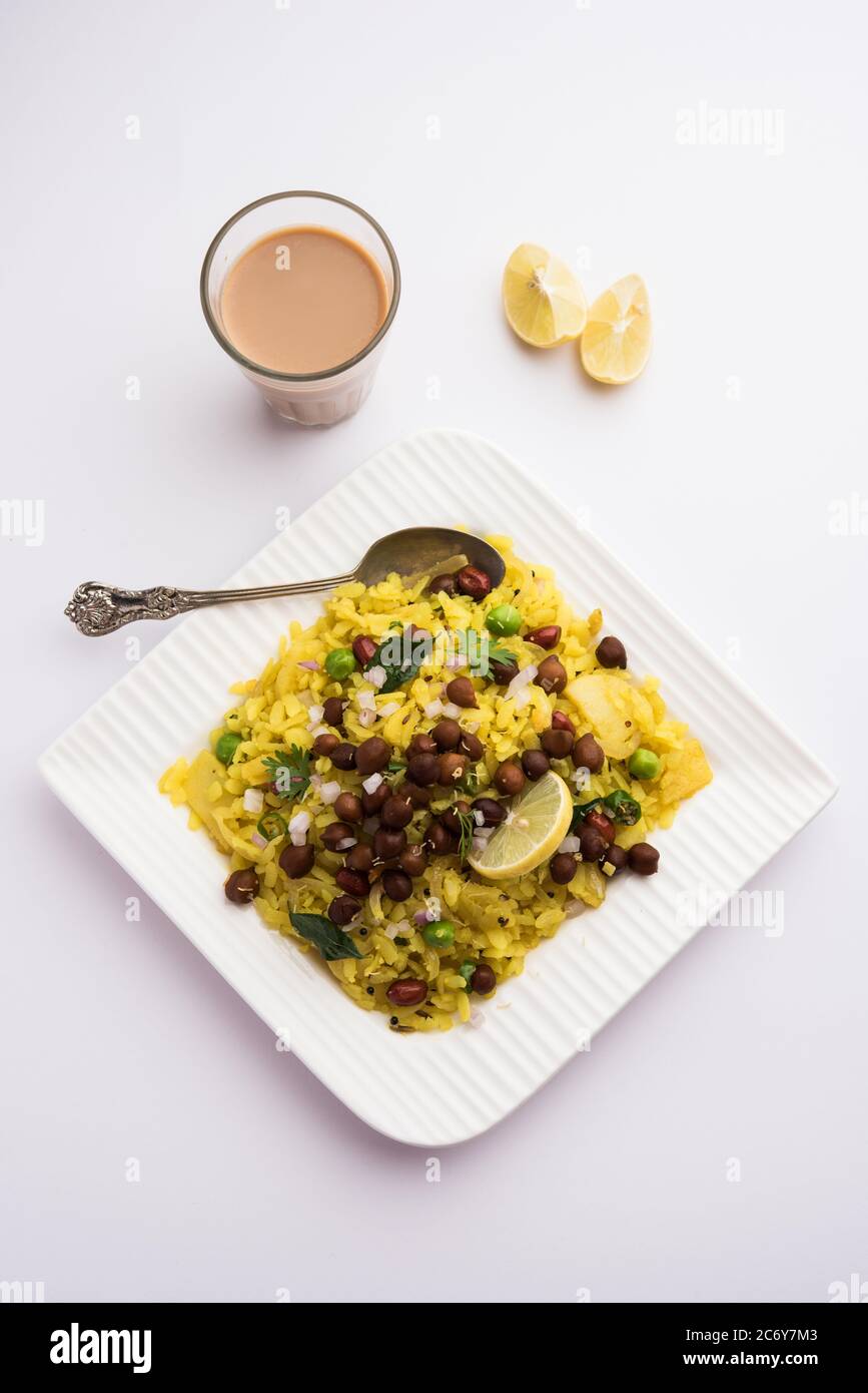 Power Kabuli Chana Poha or Protein Rich Choley Pohe, Popular Maharashtrian, Indian breakfast recipe, selective focus Stock Photo