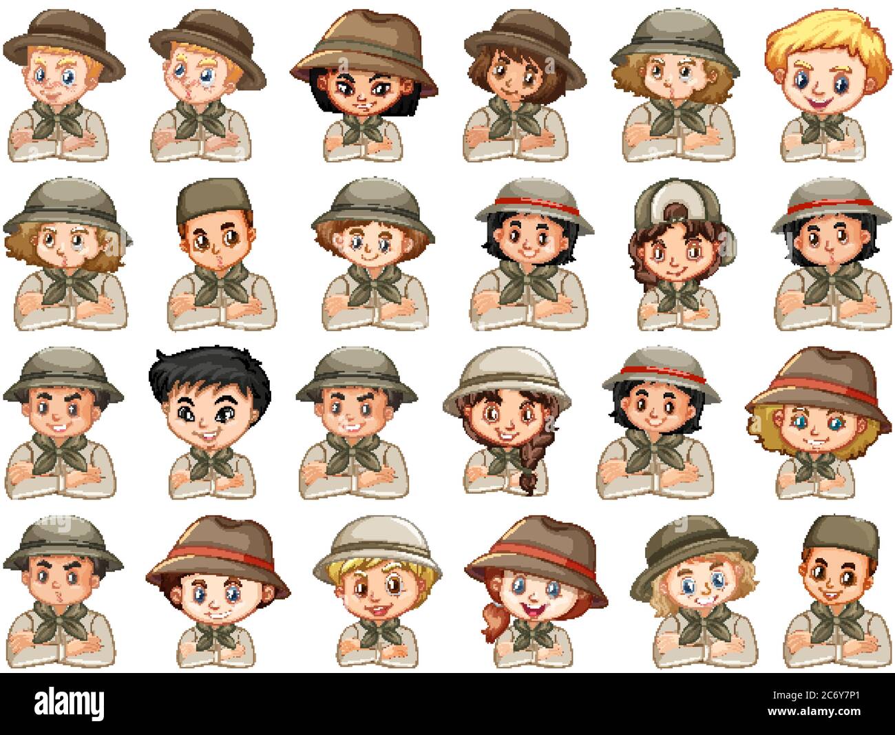 Set of different characters of boys and girls scout costume on a white ...