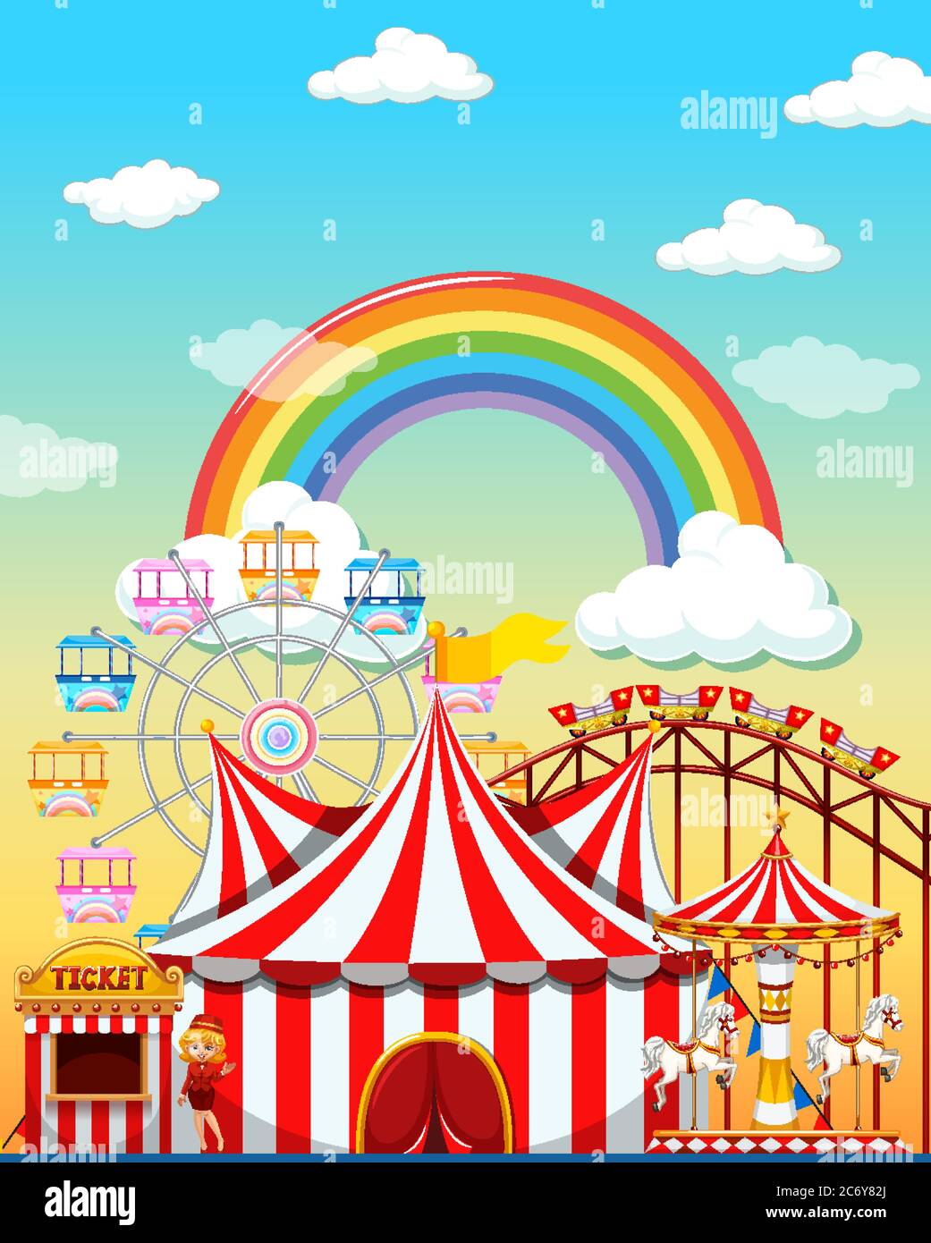 Amusement park scene at daytime with rainbow in the sky illustration ...