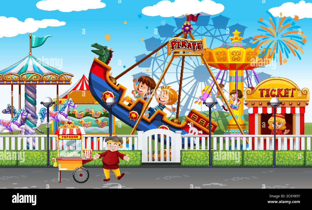 Theme park scene with many rides and happy children illustration Stock ...