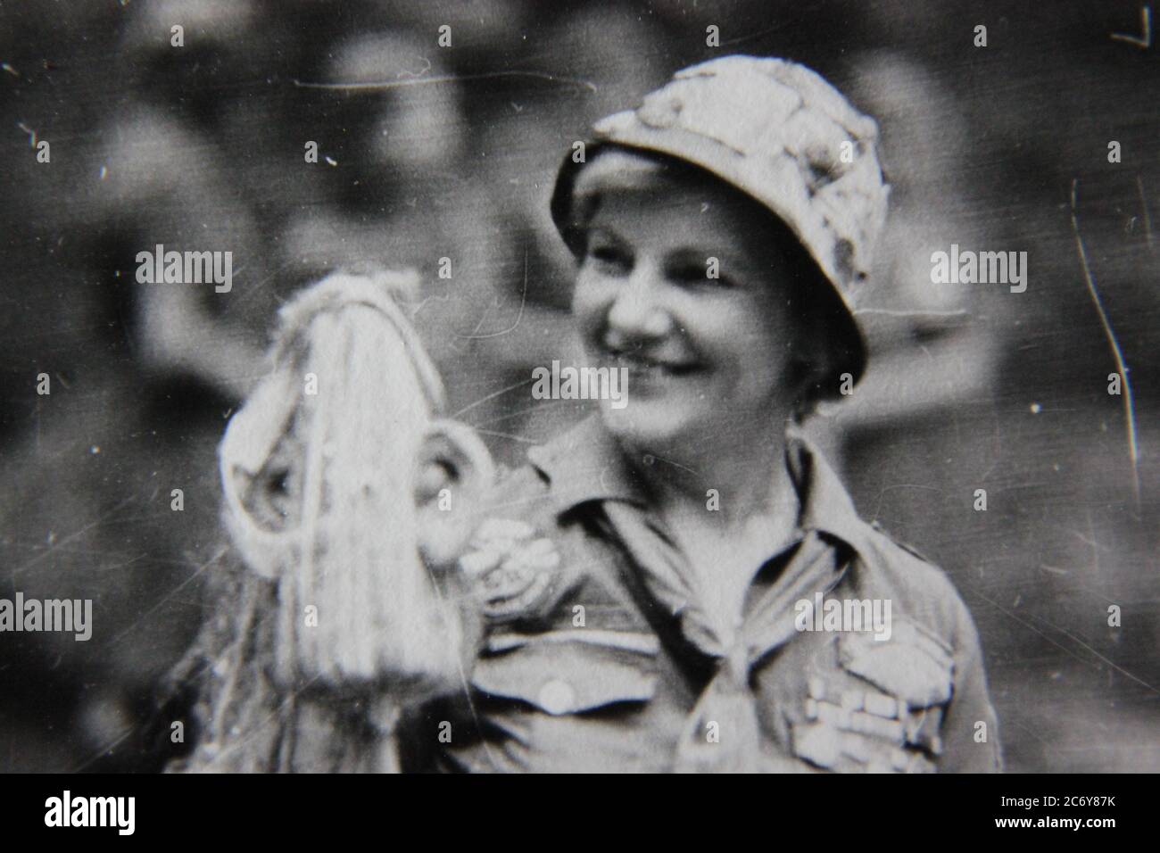 Fine 70s vintage black and white lifestyle photography of a happy scout leader. Stock Photo