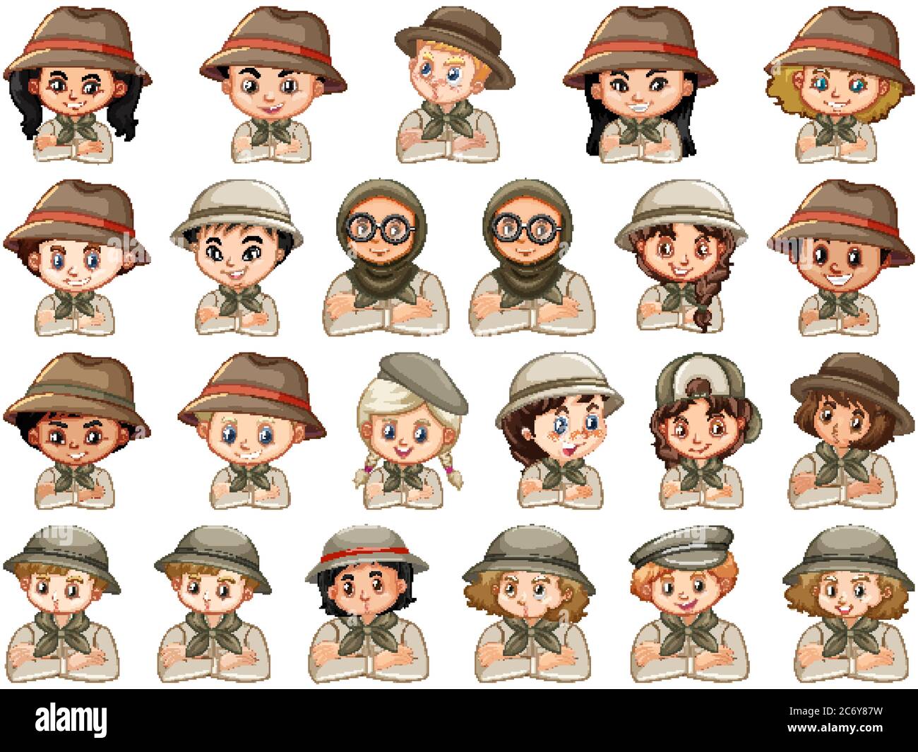 Set of different characters of boys and girls scout costume on a white ...