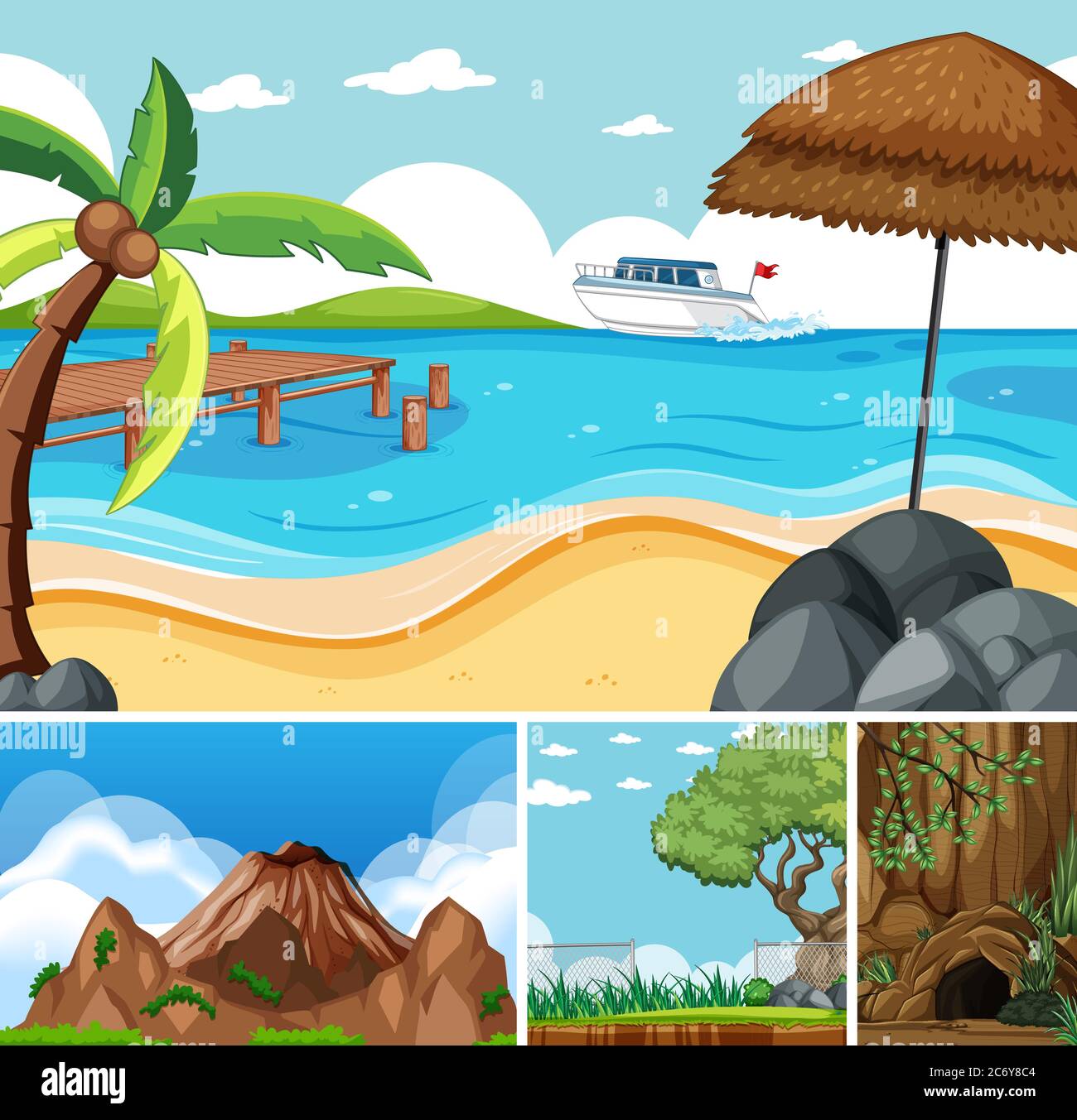 Four different scenes in nature setting cartoon style illustration