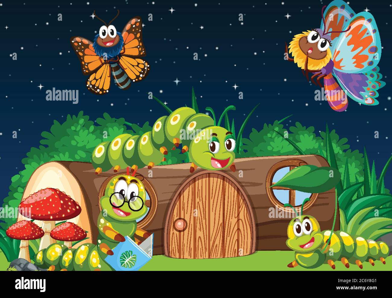 Butterflies and worms living in the garden scene at night illustration ...