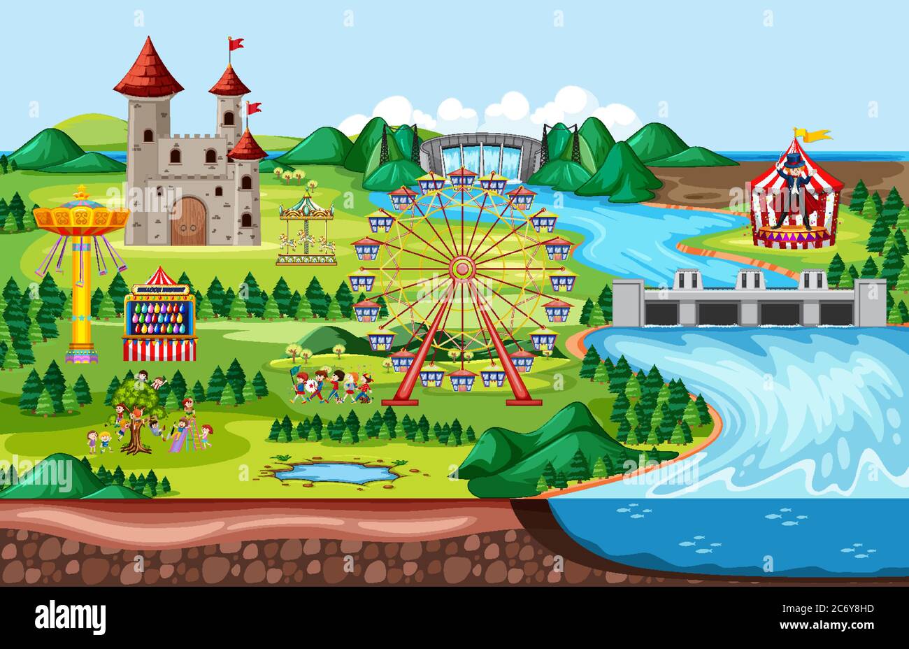 Amusement park with castle and many rides landscape scene illustration ...