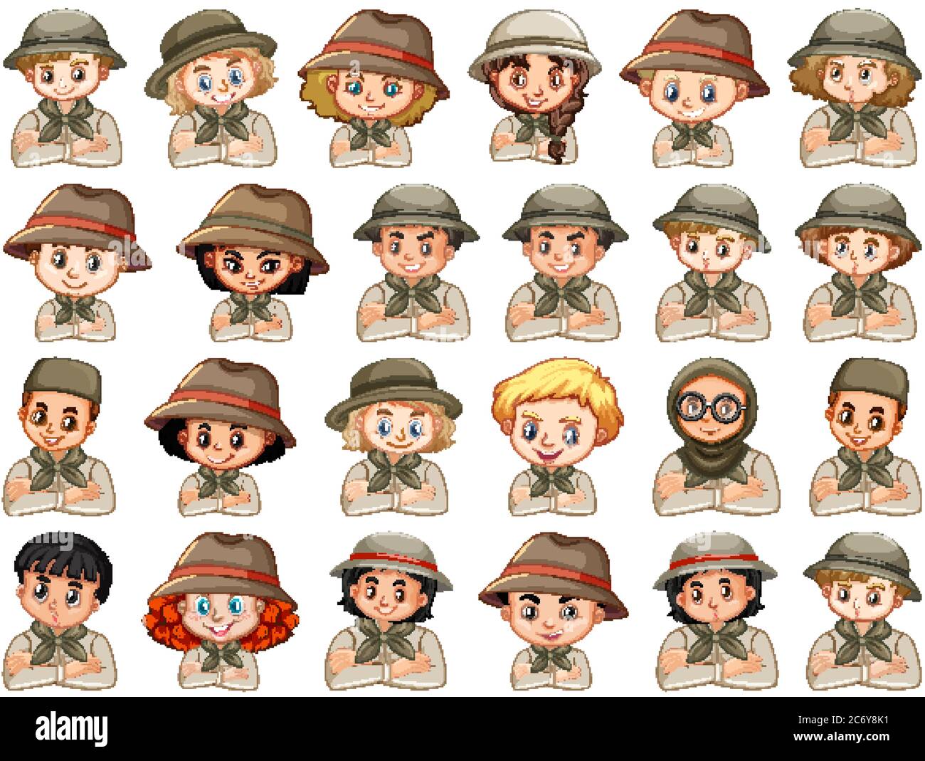 Set of different characters of boys and girls scout costume on a white ...