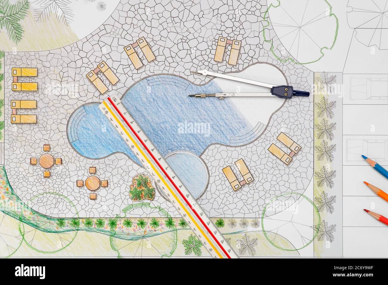 Landscape architect design backyard pool plan for resort Stock Photo