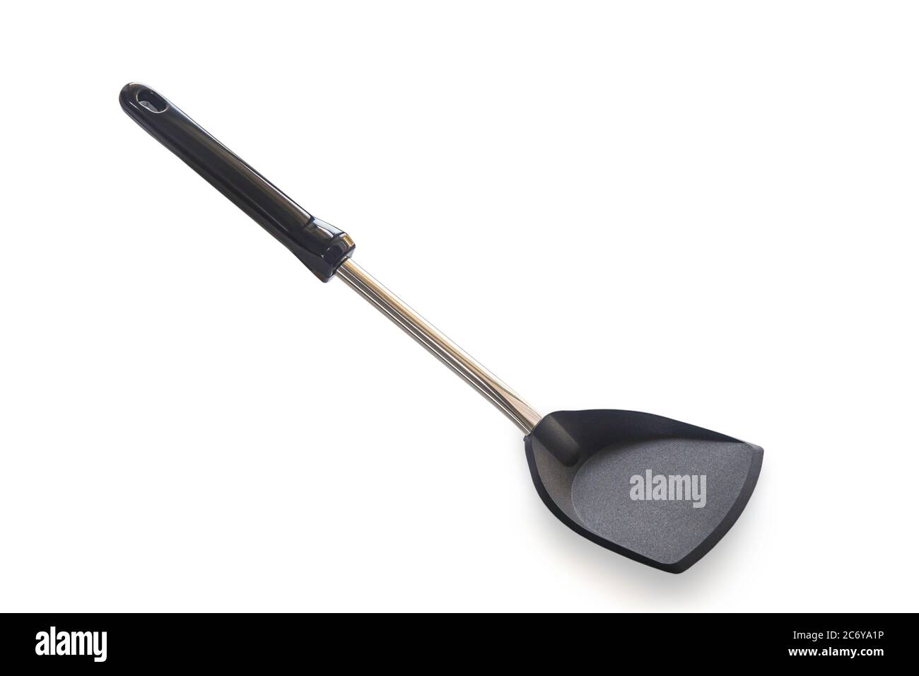 Modern non stick spade of frying pan or spatula in black color and stainless steel on white isolated background with clipping path. Perfect studio sho Stock Photo