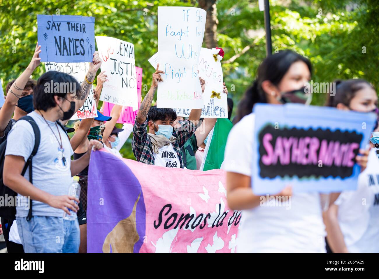Philadelphia / USA. About one hundred people joined a march in Center City organized by Philadephia Latinx organizatoin, Juntos. Beginning at City Hall, the march progressed on Ben Franklin Boulevard and ended at the Art Museum. July 12, 2020. Credit: Christopher Evens / Alamy Live News Stock Photo