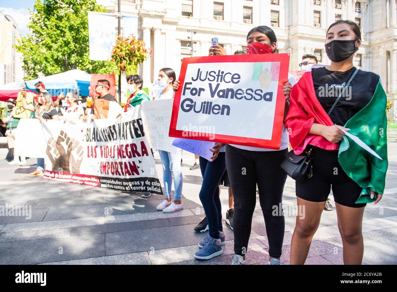 Philadelphia / USA. About one hundred people joined a march in Center City organized by Philadephia Latinx organizatoin, Juntos. Beginning at City Hall, the march progressed on Ben Franklin Boulevard and ended at the Art Museum. July 12, 2020. Credit: Christopher Evens / Alamy Live News Stock Photo