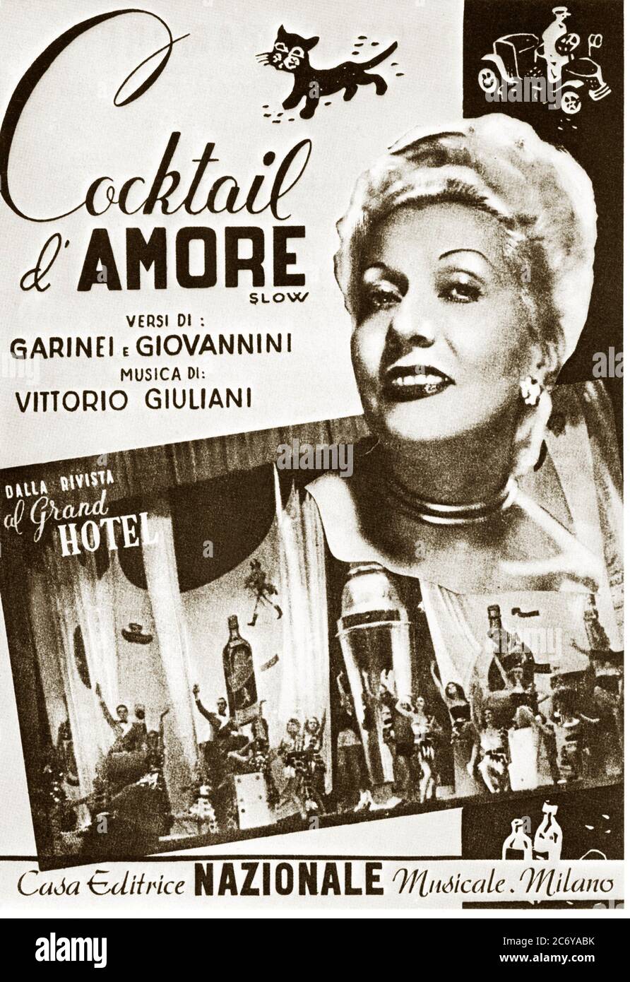 1948 , ITALY  : The celebrated italian Gay Icon , singer and soubrette  WANDA OSIRIS ( 1905 - 1994 ) , queen of italian Teatro di Rivista from 30's to 50's , theatre patner of Totò , Dapporto , Macario and Alberto Sordi . Shetmusic cover for song COCKTAIL D' AMORE by Garinei & Giovannini , music by Vittorio Giuliani  for the Rivista Musicale AL GRAND HOTEL , performed in tour around Italy in  1948 .- CANTANTE - TEATRO - THEATRE - copertina di spartito musicale - radio days - MUSICAL  - LGBT - CAMP culture - GAY INTEREST ---  Archivio GBB Stock Photo